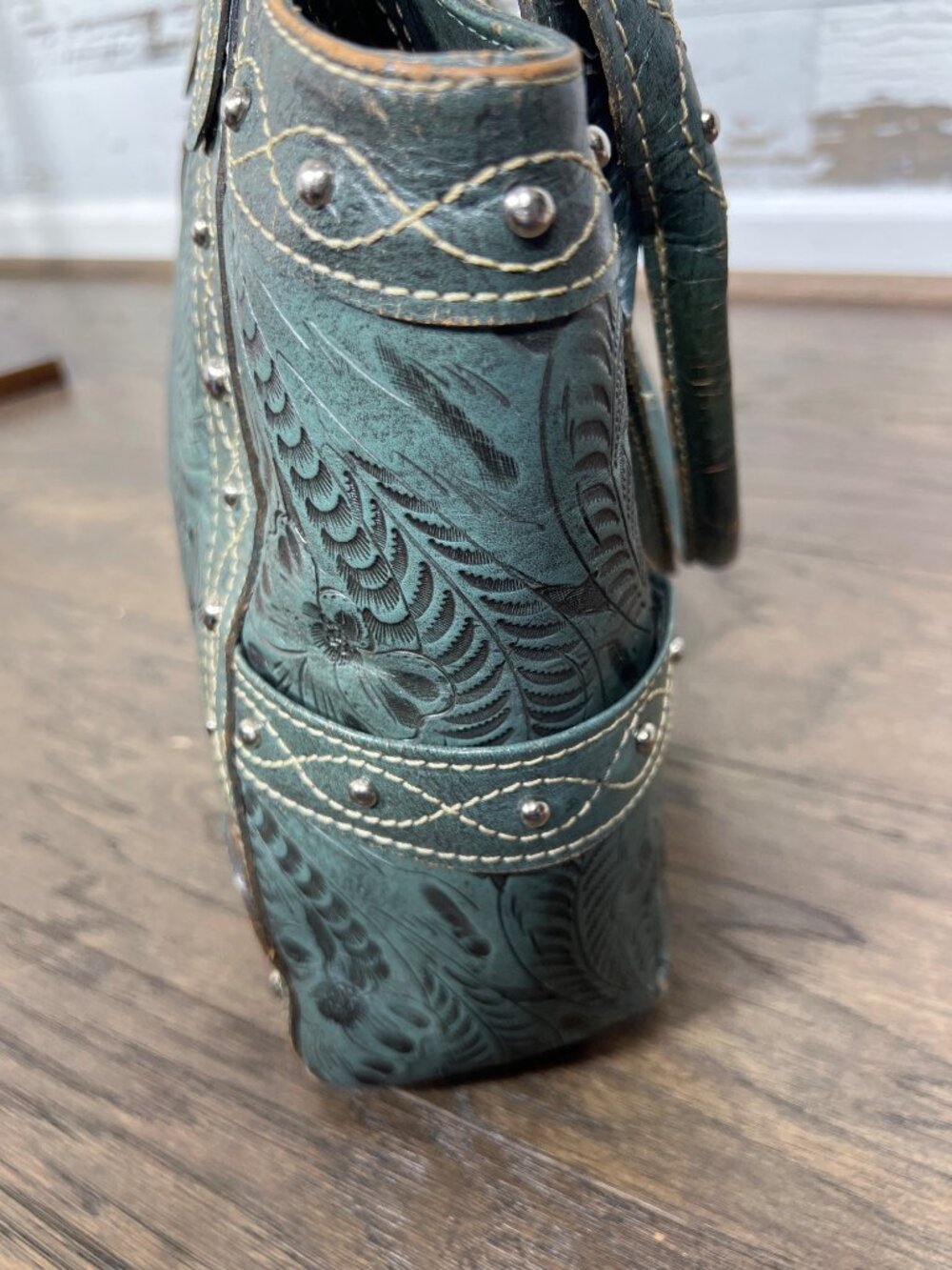 AMERICAN WEST Double Handle Tooled Leather Floral Design Bag Sage EUC - Picture 6 of 11